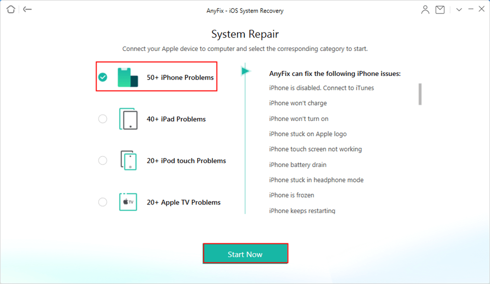 Choose iPhone Problems and Click on Start Now