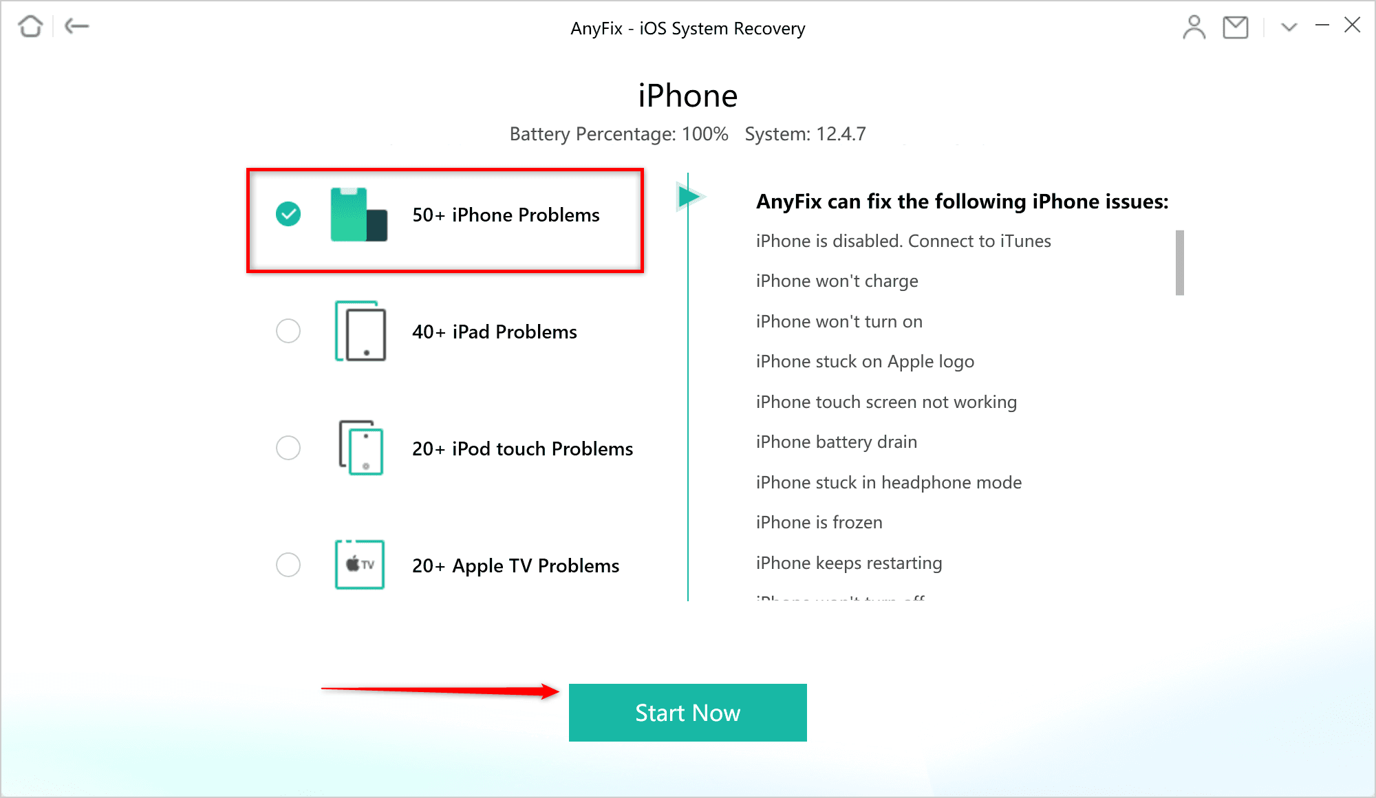 Select 50+ iPhone Problems and Click Start Now
